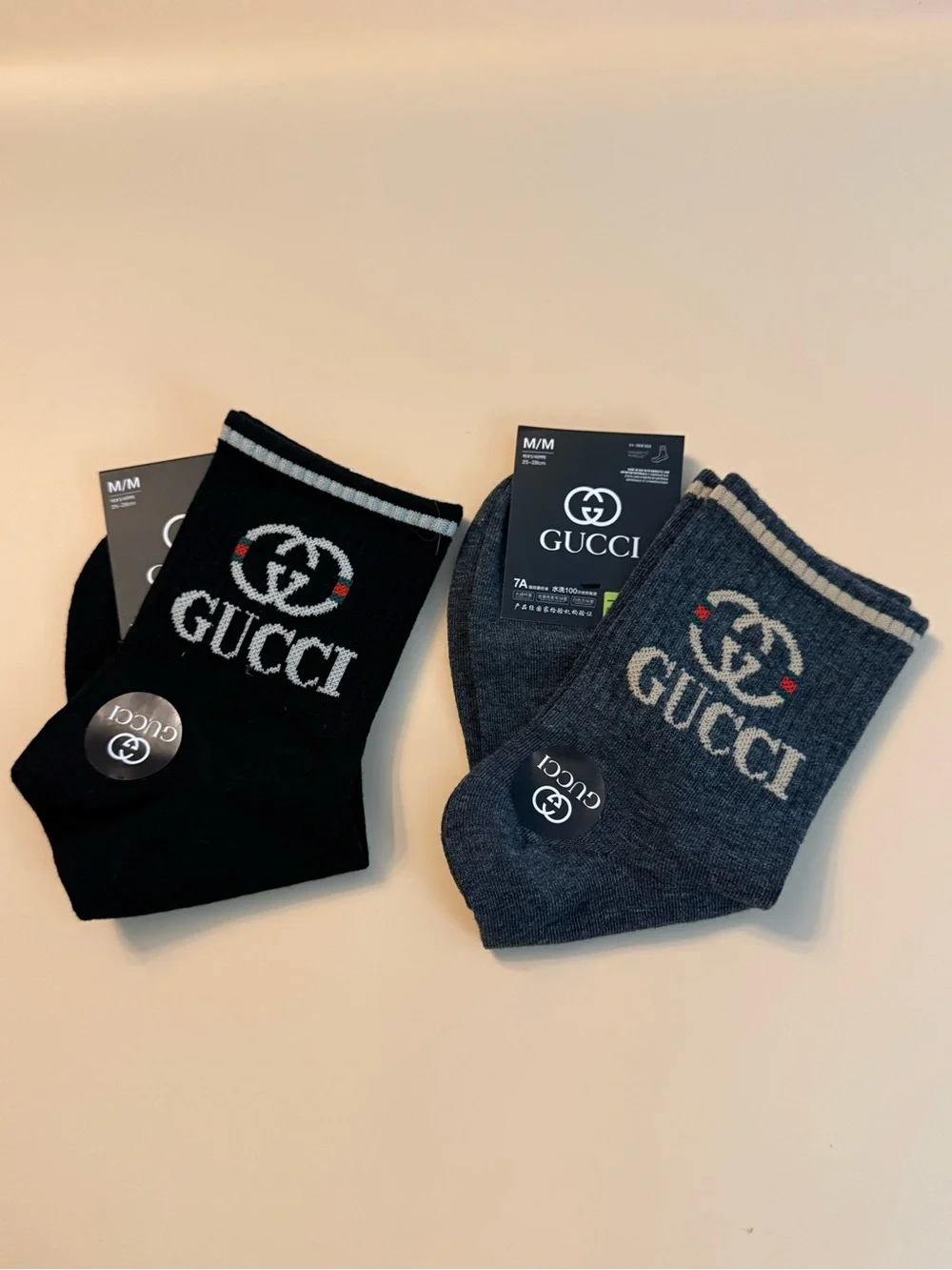 TWO pairs G G luxury crew-length socks medium black and dark grey unisex NEW